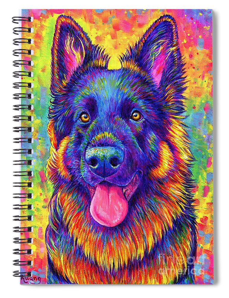 German Shepherd Spiral Notebook featuring the painting Psychedelic Rainbow German Shepherd Dog by Rebecca Wang