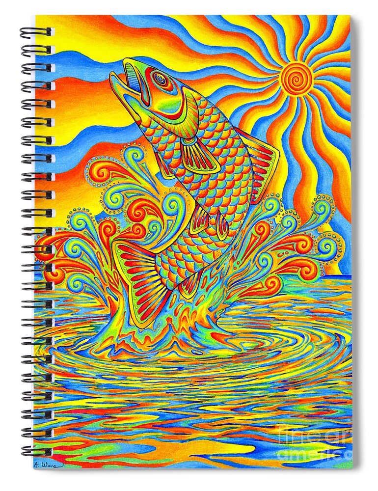 Psychedelic Spiral Notebook featuring the drawing Psychedelic Rainbow Trout Fish by Rebecca Wang