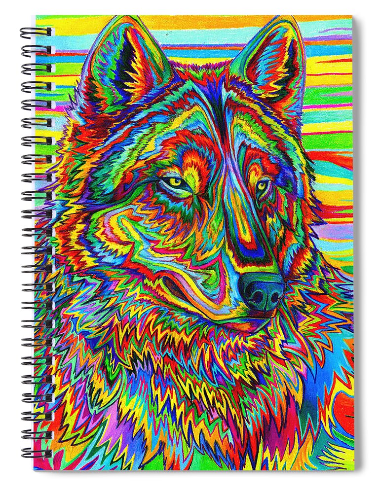 Psychedelic Spiral Notebook featuring the drawing Psychedelic Wolf by Rebecca Wang