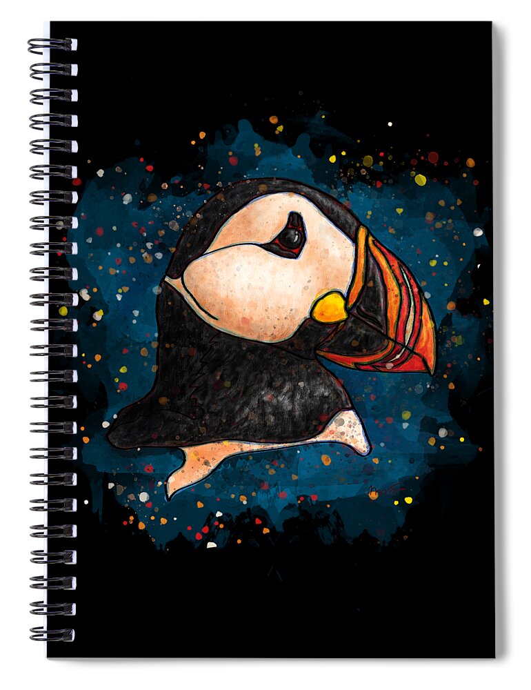 Puffin Spiral Notebook featuring the painting Puffin head on black background, Splatter art puffin by Nadia CHEVREL