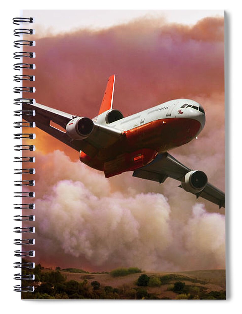Mcdonnell Douglas Dc-10 Firefighting Aircraft Spiral Notebook featuring the mixed media Pulling Up and Away from the Wildfire by Erik Simonsen
