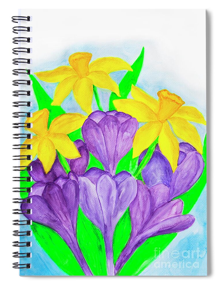 Flower Spiral Notebook featuring the painting Purple crocuses and yellow daffodiles by Irina Afonskaya