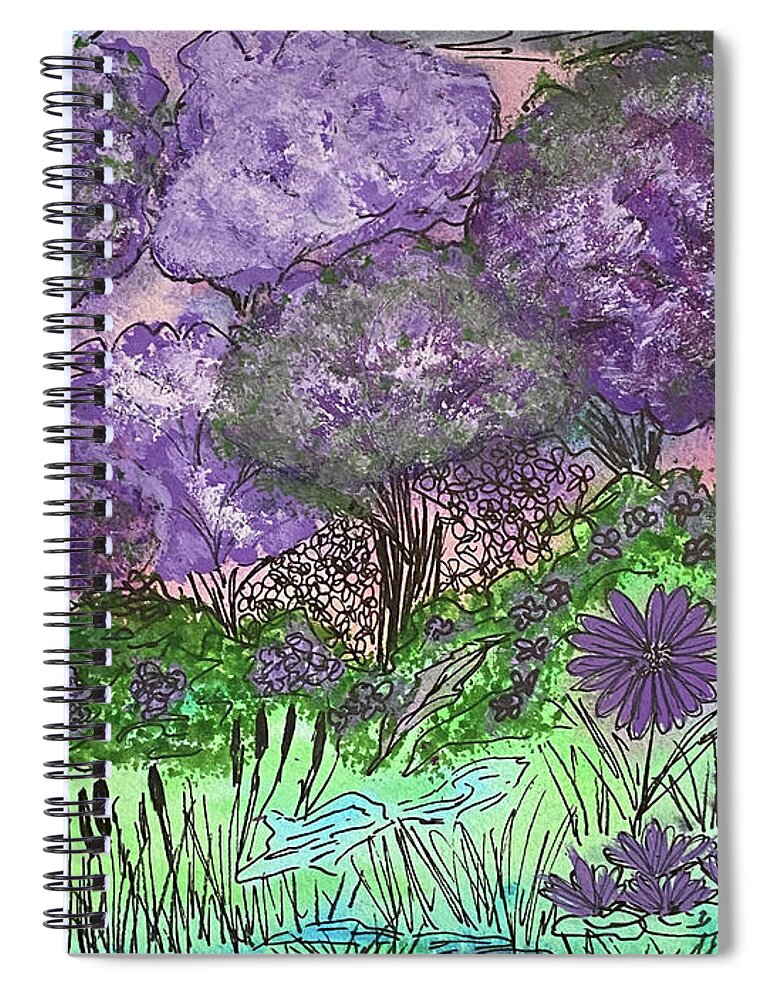 Purple Spiral Notebook featuring the mixed media Purple Doodle Scene by Lisa Neuman