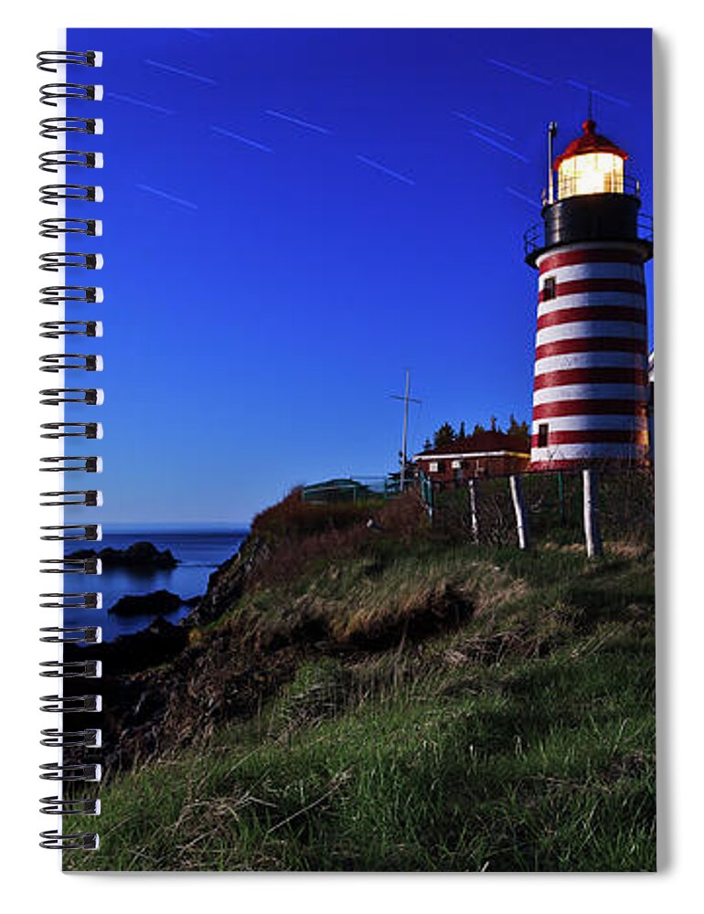 Maine Lighthouse Spiral Notebook featuring the photograph Quoddy Head by Moonlight by ABeautifulSky Photography by Bill Caldwell