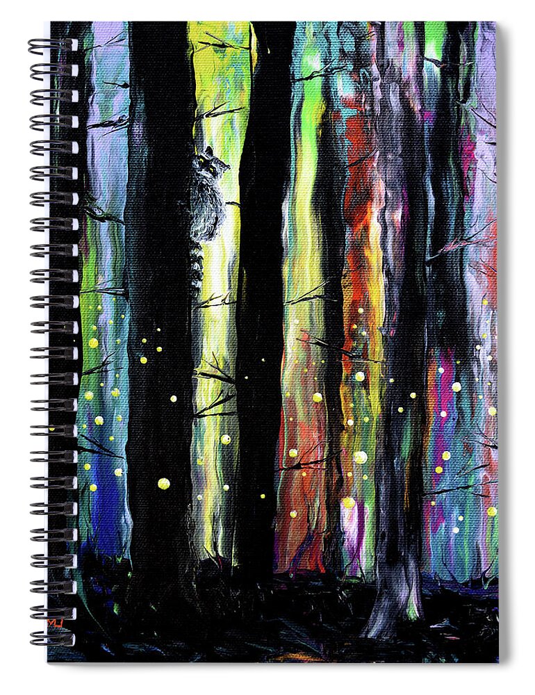 Raccoon Spiral Notebook featuring the painting Raccoon and Fireflies by Laura Iverson