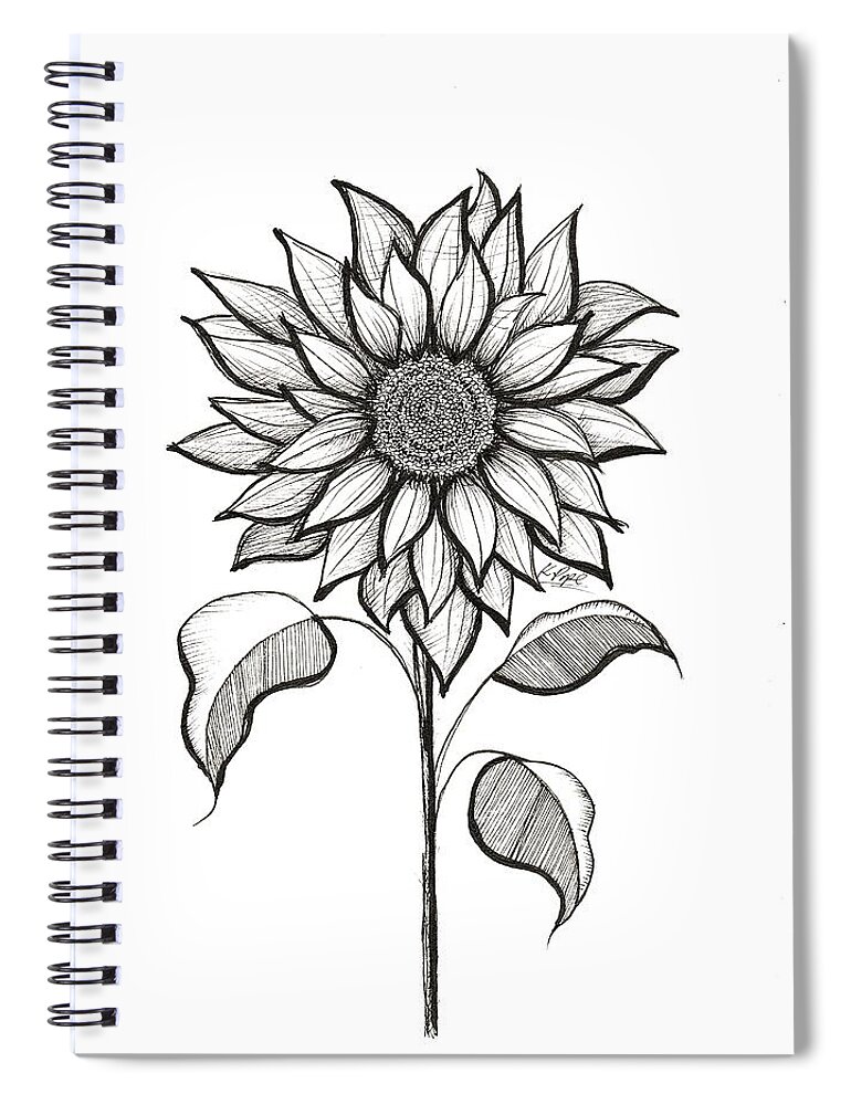 #bloom #flower #sun #sunflower #blackandwhite #drawing #ink #b&w #kpope Spiral Notebook featuring the drawing Radiant Bloom Sunflower in Ink by Kathy Pope