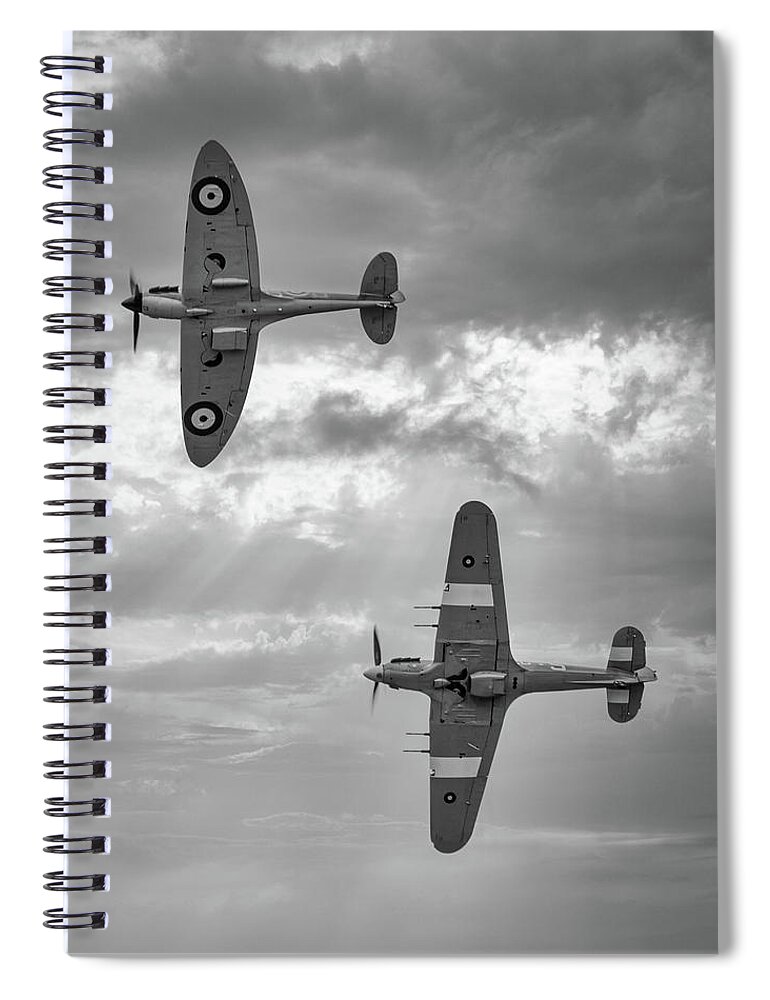 Air Spiral Notebook featuring the photograph RAF Spitfire and Hurricane, World War 2 Fighter Aircraft Black and White by Rick Deacon