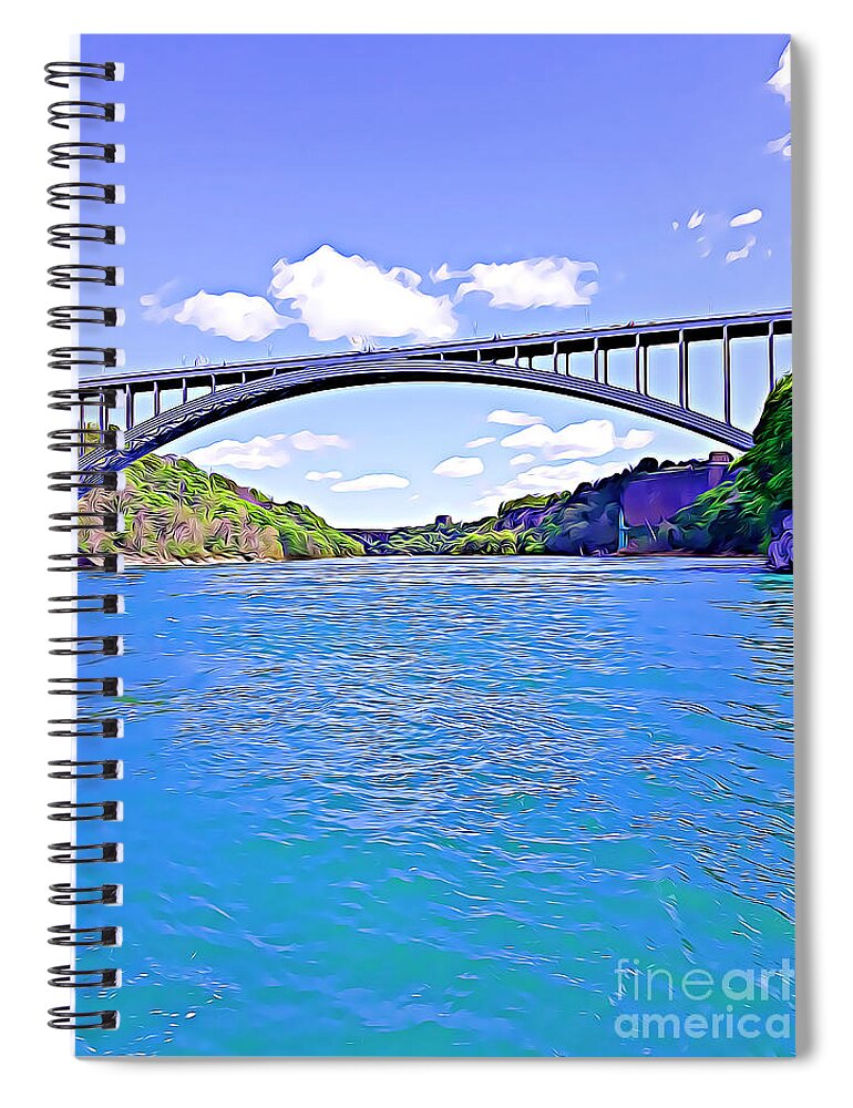 Niagara Falls Spiral Notebook featuring the mixed media Rainbow Bridge at Niagara Falls by Tracy Ruckman