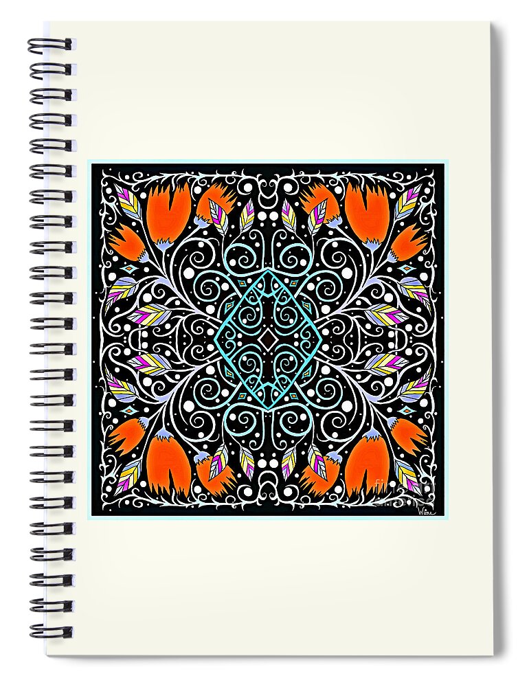 Rainbow Spiral Notebook featuring the mixed media Rainbow Leaves and Orange Flowers Attached to a Turquoise Diamond by Lise Winne