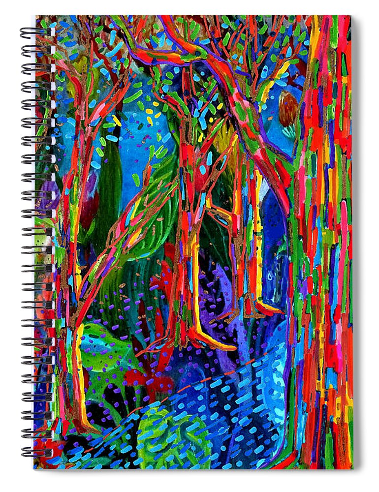Rainbow Road To Hana By A Hillman Rainbow Eucalyptus Trees Road To Hana Maui Hawaii Tropical Paradise Night Beautiful Red Blue Green Purple Yellow Orange Joy Rejoicing Celebrate Lovely Evening Drive Trip Majestic Leaves Praise And Glory And Honor To The King Of Kings And Lord Of Lords Yah Yahweh Yahshua Yeshua Jesus Messiah Savior Healer Alleluia Alleluia Alleluia Spiral Notebook featuring the mixed media Rainbow Road to Hana 4 by A Hillman