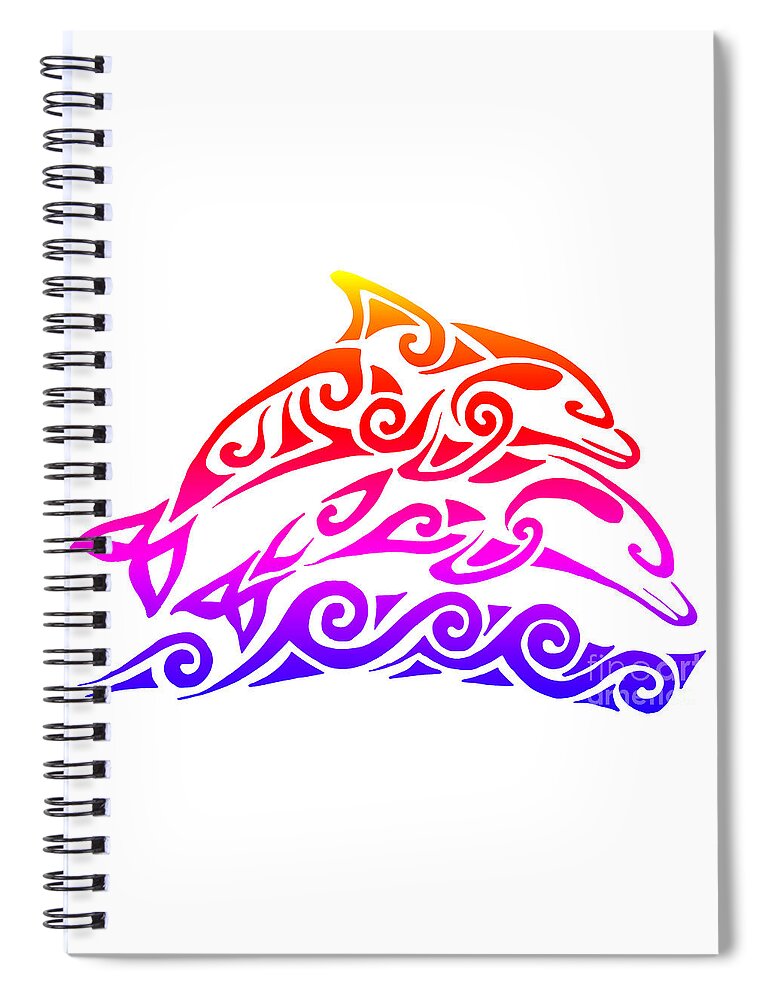 Dolphin Spiral Notebook featuring the mixed media Rainbow Tribal Dolphins by Rebecca Wang