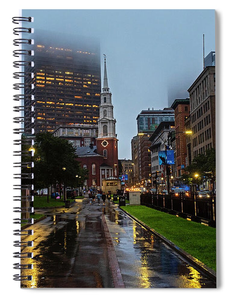 Boston Spiral Notebook featuring the photograph Rainy Day on the Boston Common Boston MA Tremont Street Park Street Church by Toby McGuire