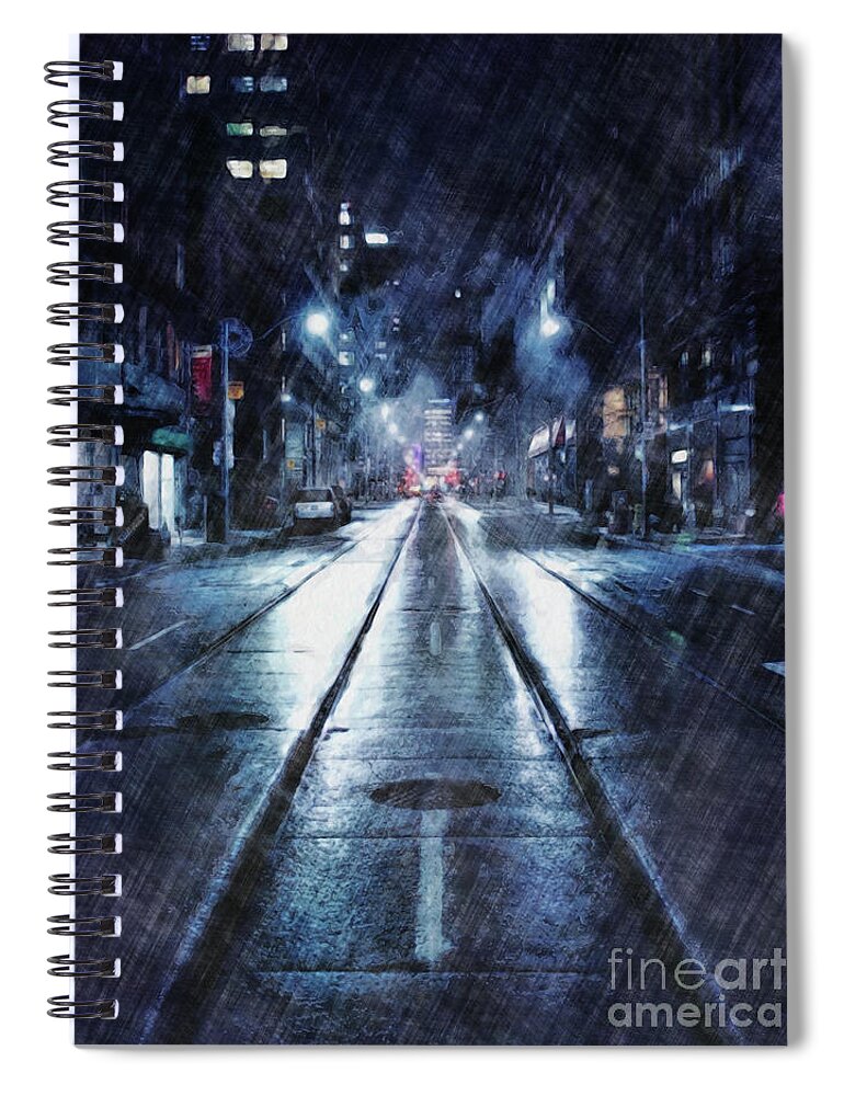 Weather Spiral Notebook featuring the digital art Rainy Night Downtown by Phil Perkins