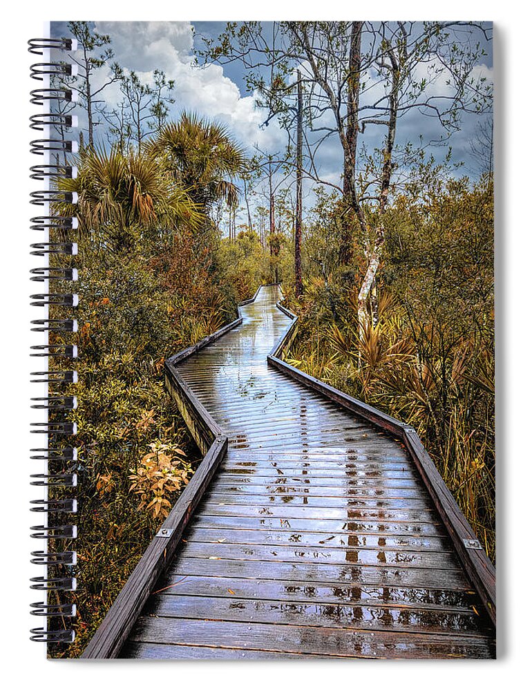 Clouds Spiral Notebook featuring the photograph Rainy Reflections on the Boardwalk Trail in Autumn by Debra and Dave Vanderlaan