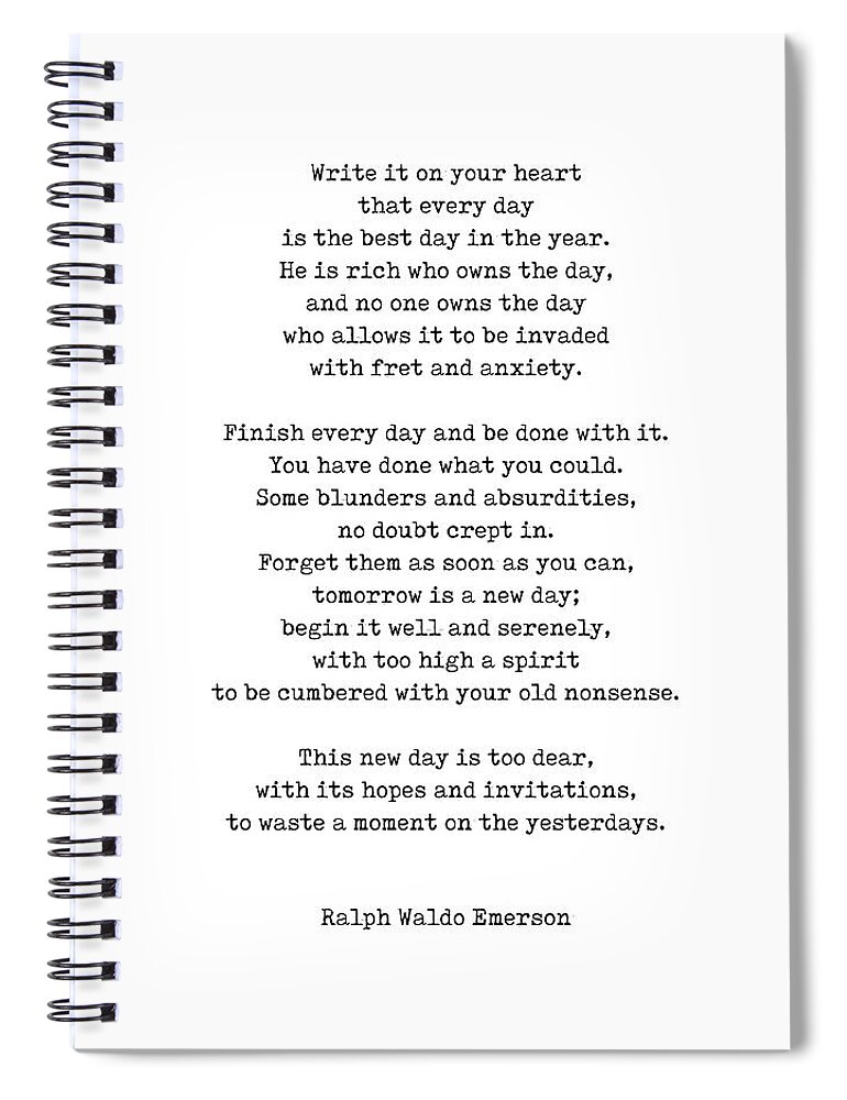 Ralph Waldo Emerson Spiral Notebook featuring the digital art Ralph Waldo Emerson Quote - He is rich who owns the day - Minimal, Black and White, Typewriter Print by Studio Grafiikka