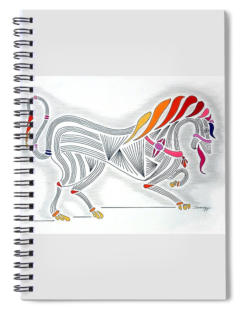 Horse Spiral Notebook featuring the drawing Rarin' to Go -- Stylized Medieval Prancing Horse w/ Rainbow Mane by Jayne Somogy