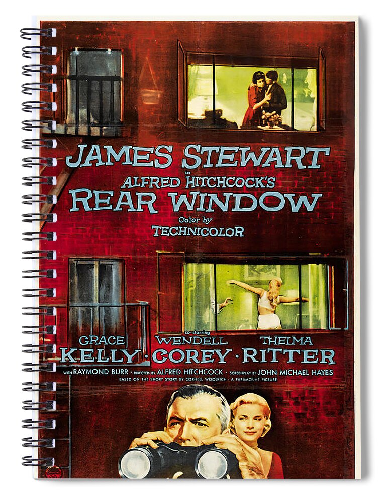 Rear Spiral Notebook featuring the mixed media ''Rear Window'' 2, with James Stewart and Grace Kelly, 1954 by Movie World Posters