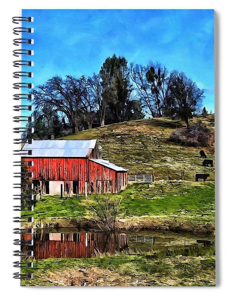 Photograph Barn Red Pond Cows Spiral Notebook featuring the photograph Red Barn in Oils by Beverly Read