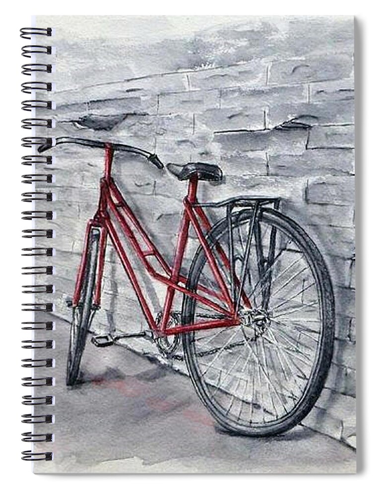Bicycle Spiral Notebook featuring the painting Red Bicycle by Kelly Mills