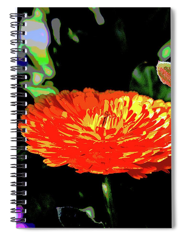 Beautiful Spiral Notebook featuring the digital art Red Blossom On Black by David Desautel