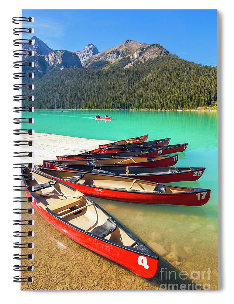 Red Canoes Spiral Notebook featuring the photograph Red Canoes on Lake Louise, Banff national Park, Alberta, Canada by Neale And Judith Clark