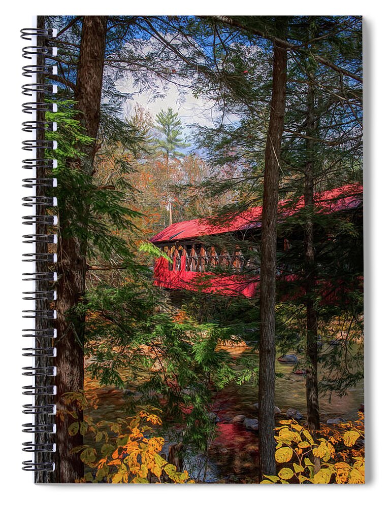 Red Covered Bridge In Autumn New Hampshire Spiral Notebook featuring the painting Red Covered Bridge In Autumn New Hampshire by Dan Sproul