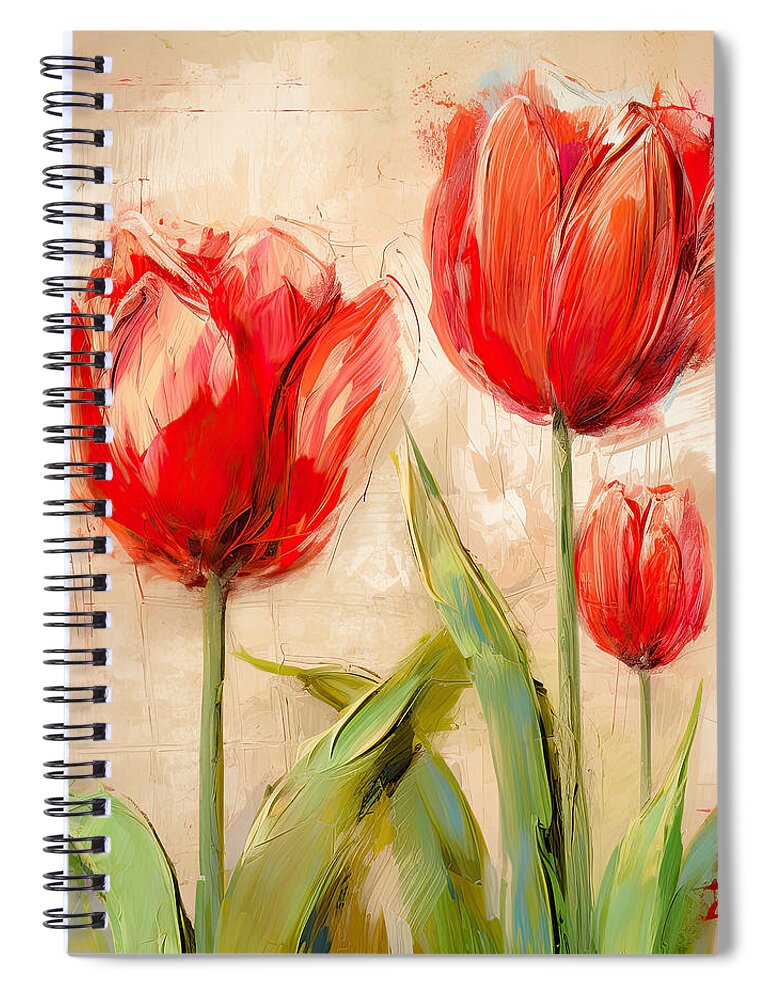 Red Tulips Spiral Notebook featuring the painting Red Enigma- Red Tulips Paintings by Lourry Legarde