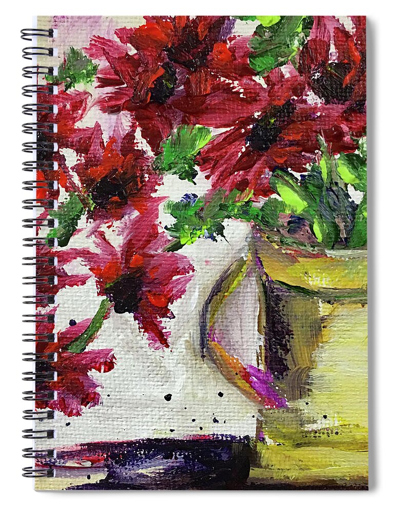 Red Flowers Spiral Notebook featuring the painting Red Flowers in a Yellow Pitcher by Roxy Rich