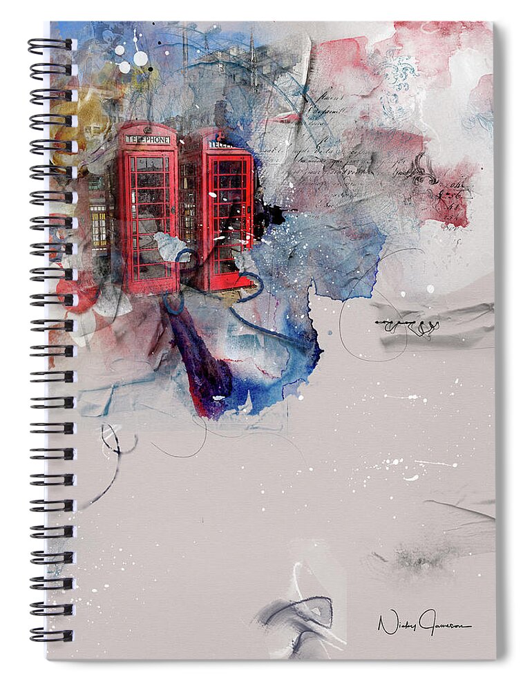 London Spiral Notebook featuring the mixed media Red Phones at Charing Cross by Nicky Jameson