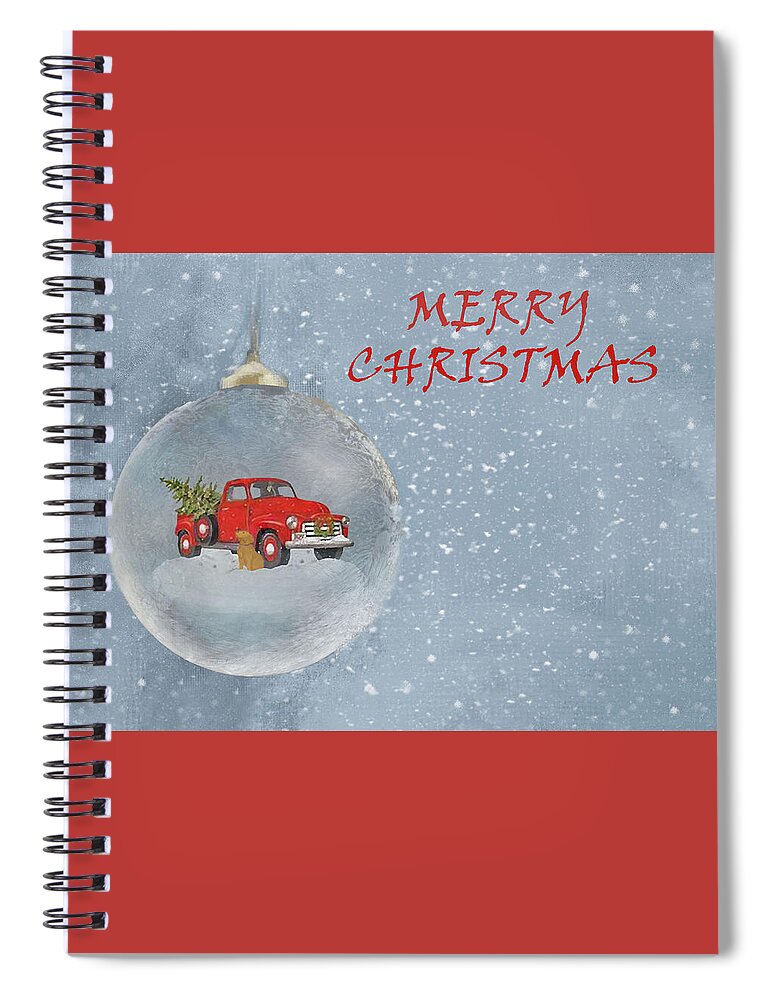 Merry Christmas Spiral Notebook featuring the mixed media Red Pickup Truck And Christmas Tree And Dog2 Ornament Square by Sandi OReilly