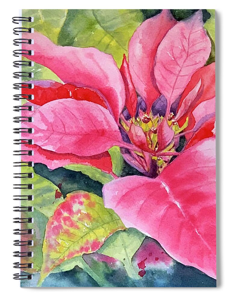 Pink Spiral Notebook featuring the painting Red Poinsettia Flower by Hilda Vandergriff