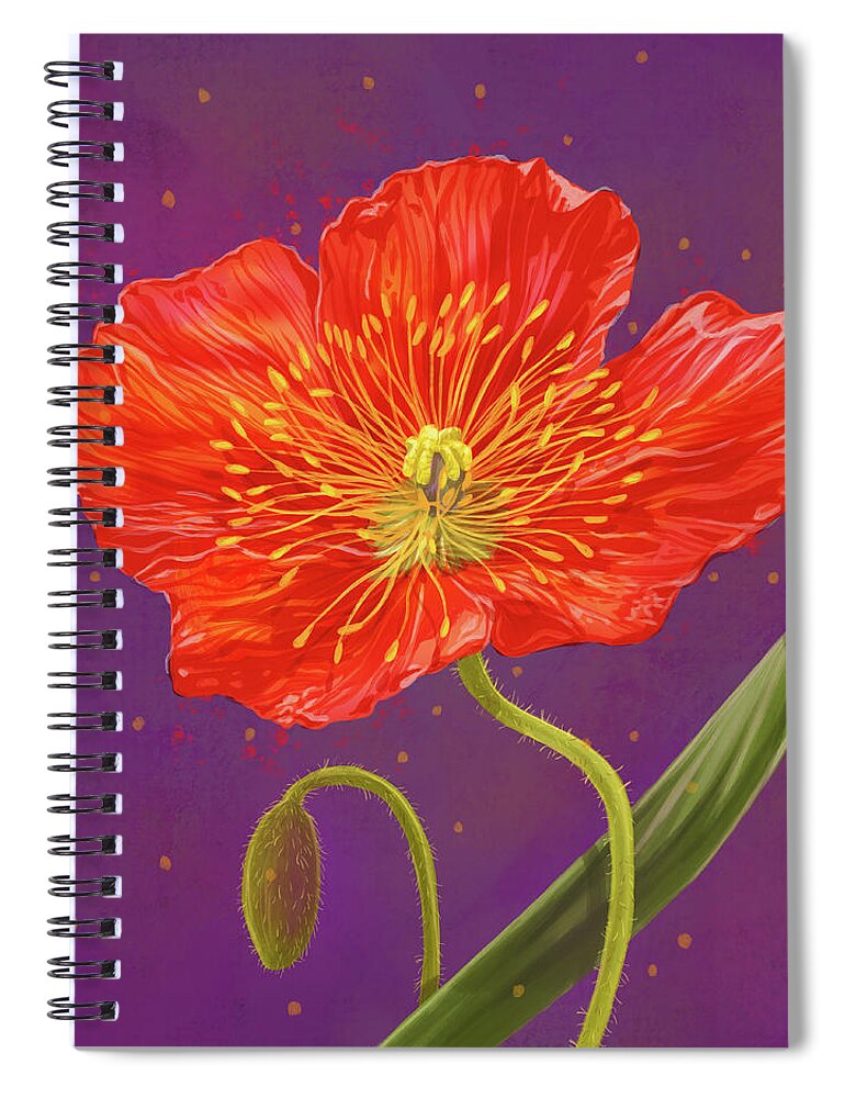 Poppy Spiral Notebook featuring the mixed media Red Poppy on Purple I by Shari Warren