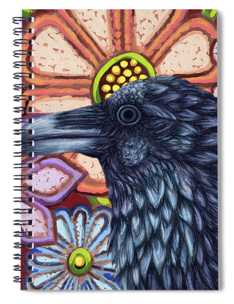 Raven Spiral Notebook featuring the painting Red Raven Floral by Amy E Fraser