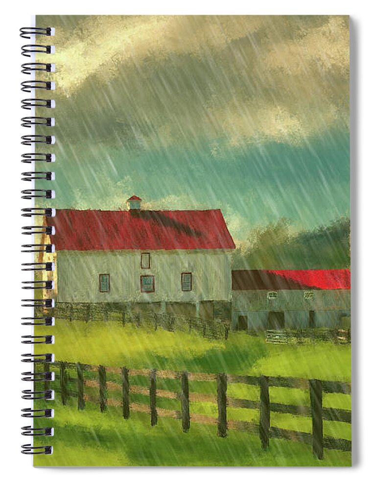 Barn Spiral Notebook featuring the digital art Red Roof Barn In Spring Rain by Lois Bryan