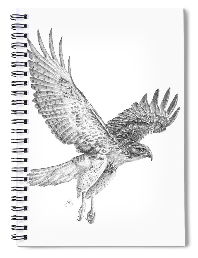 Hawk Spiral Notebook featuring the drawing Red Tailed Hawk in Flight by Monica Burnette