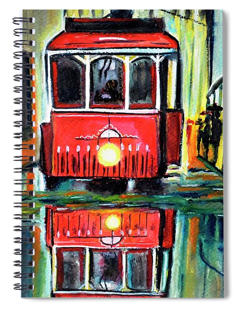 Redtram Spiral Notebook featuring the painting Red Tram Rainy landscape by Manjiri Kanvinde