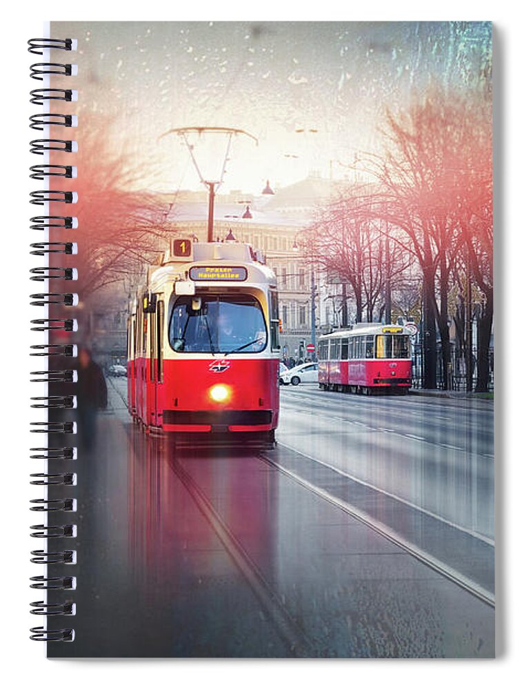 Vienna Spiral Notebook featuring the photograph Red Trams of Vienna Austria by Carol Japp
