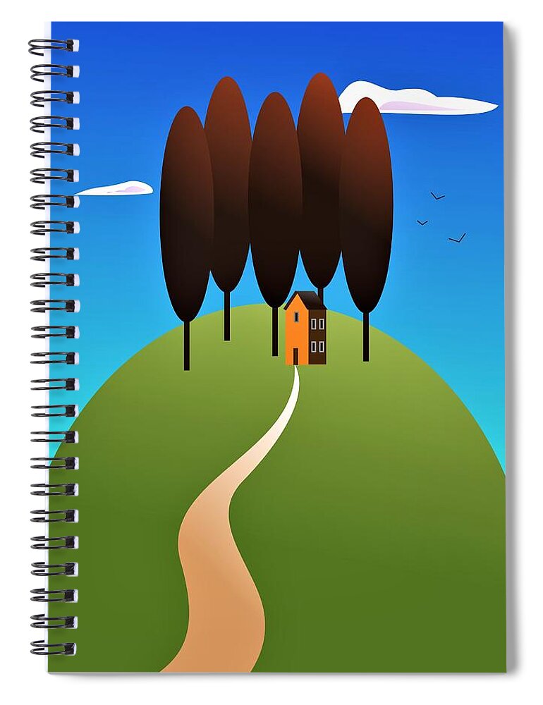 Landscape Spiral Notebook featuring the digital art Red Tree Hill by Fatline Graphic Art