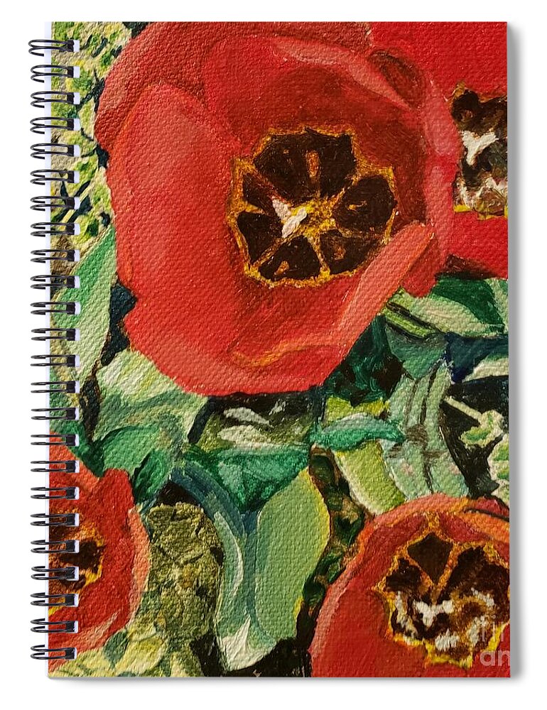 Red Spiral Notebook featuring the painting Red Tulips by Merana Cadorette