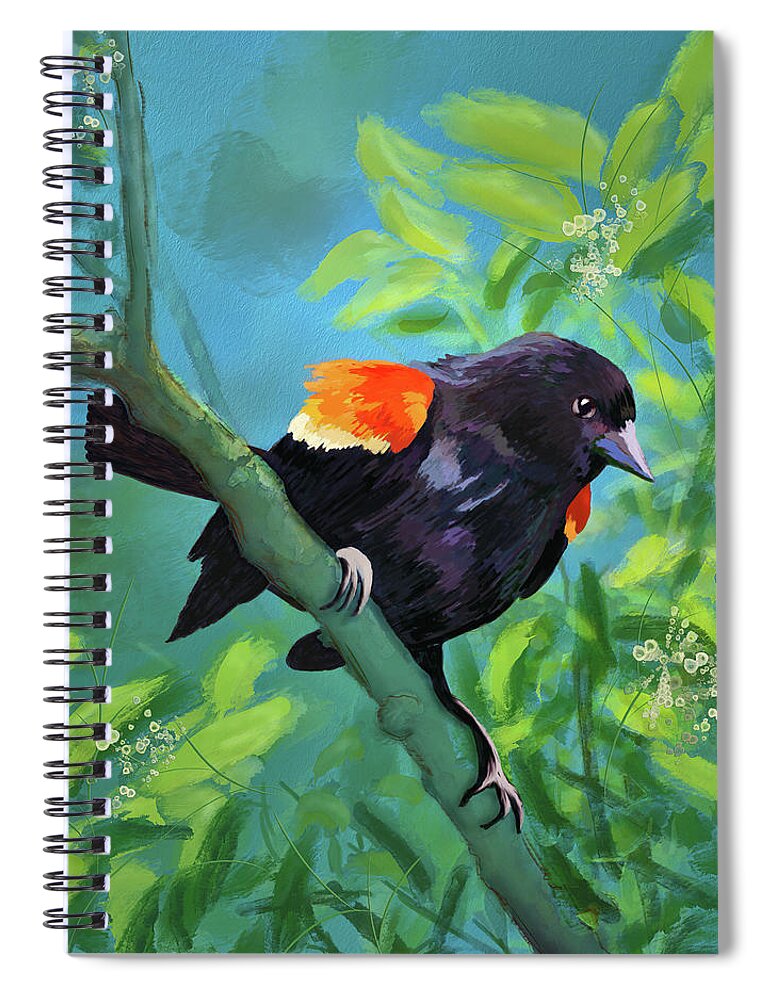 Bird Spiral Notebook featuring the digital art Red-Winged Blackbird On Display by Lois Bryan