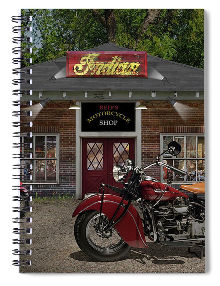 Indian Motorcycles Spiral Notebook featuring the photograph Reds Motorcycle Shop C by Mike McGlothlen