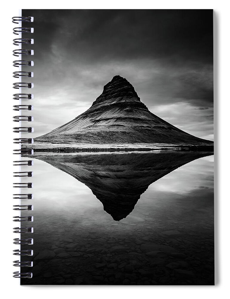 Kirkjufell Spiral Notebook featuring the photograph Reflection of Kirkjufell Mountain in Iceland in Black and White by Alexios Ntounas