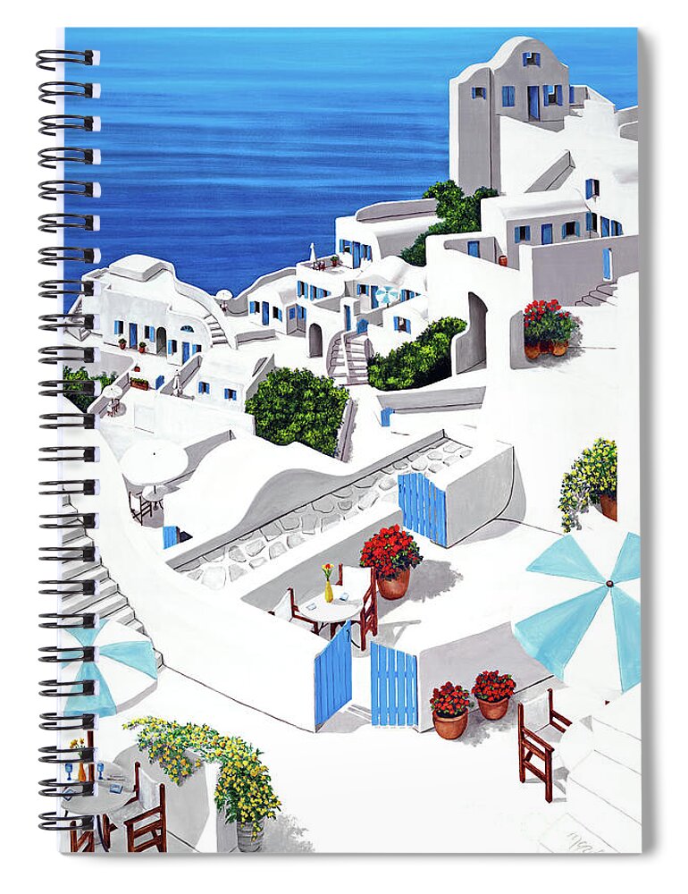 Santorini Spiral Notebook featuring the painting Remembering Santorini-prints original view by Mary Grden