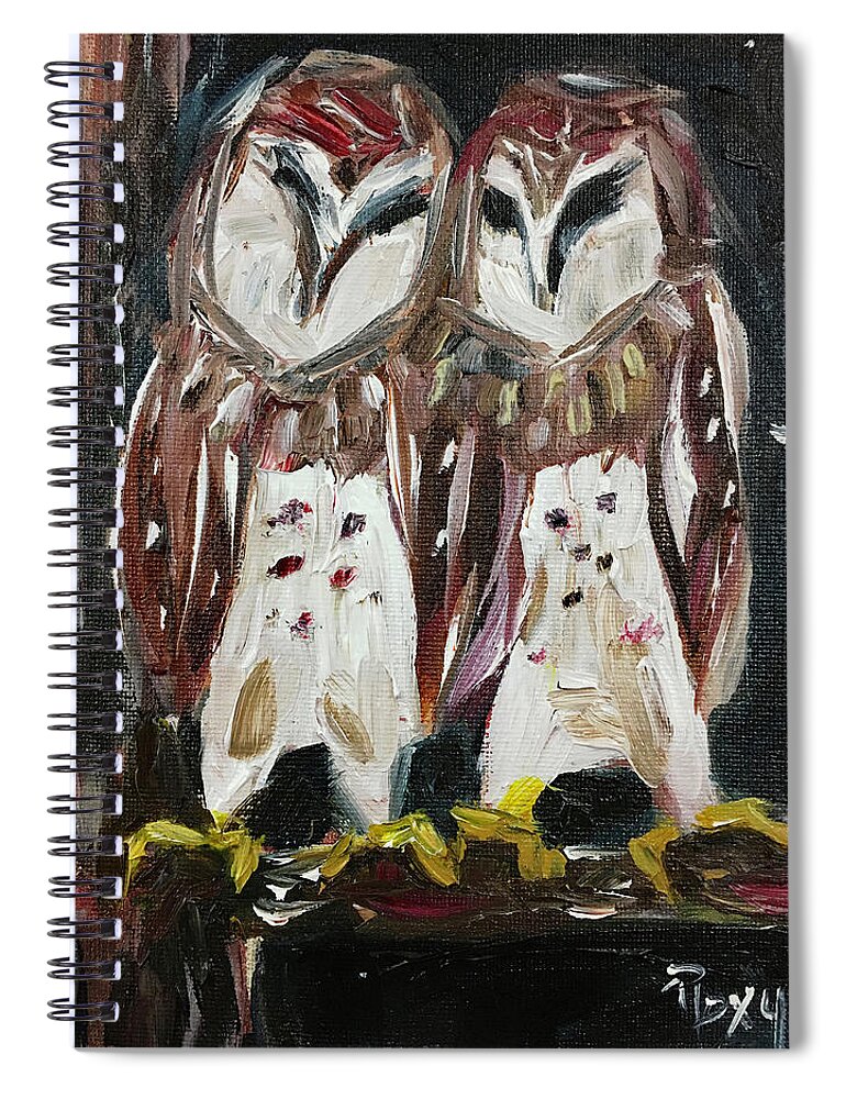 Owls Spiral Notebook featuring the painting Resident Gangstas Backyard Barn Owls by Roxy Rich