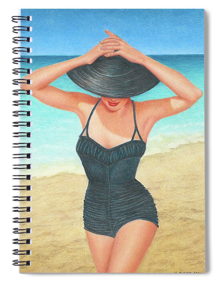 1950's Bathing Suits; Girl In A Black Straw Hat; Strolling On The Beach; Caribbean Beach Spiral Notebook featuring the painting Retro Bathing Suit by Valerie Evans