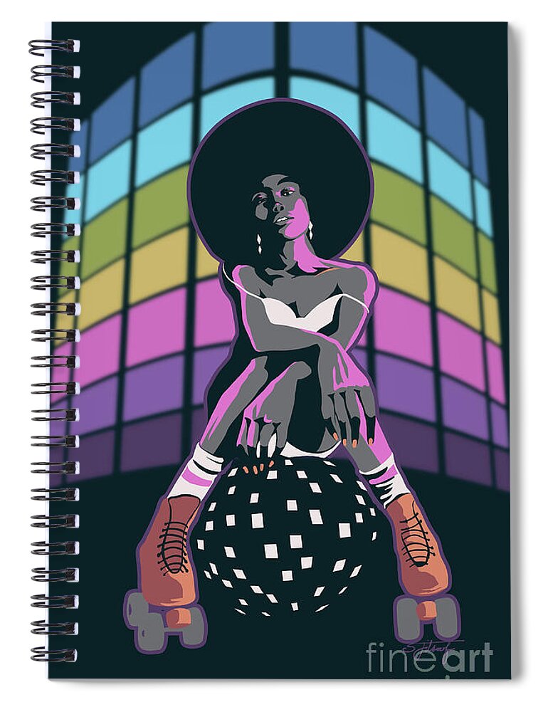 Roller Skate Spiral Notebook featuring the painting Retro Disco Roller Queen by Sassan Filsoof