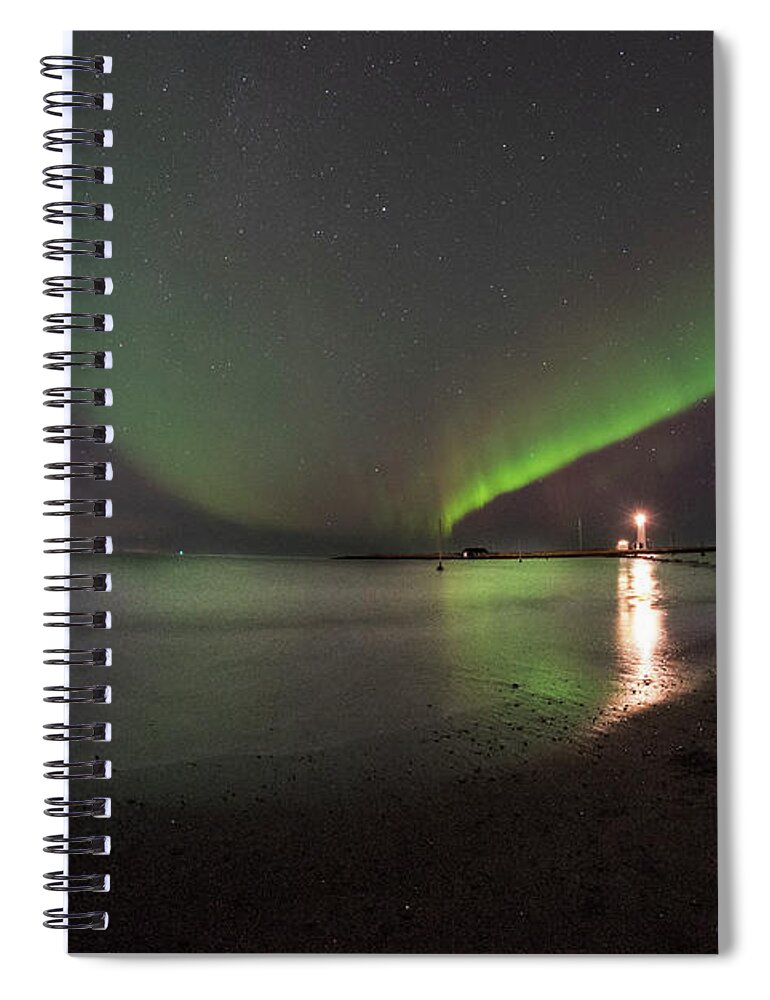 Reykjavik Spiral Notebook featuring the photograph Reykjavik Iceland Beautiful Northern Lights at the Grotta Lighthouse Green Blast by Toby McGuire