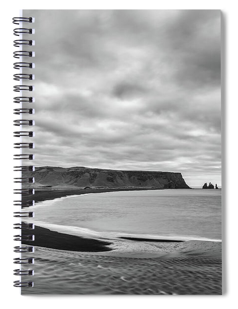 Reynisfjara Spiral Notebook featuring the photograph Reynisfjara Black Sand Beach in Iceland in Black and White by Alexios Ntounas