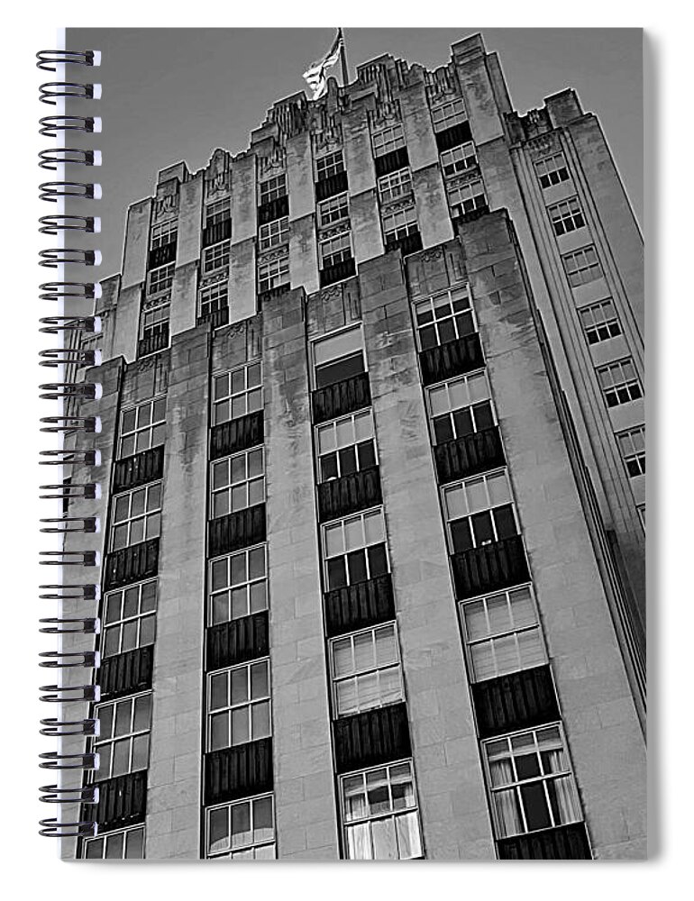 Reynolds Building Spiral Notebook featuring the photograph Reynolds Building with Flag Aglow BW by Lee Darnell