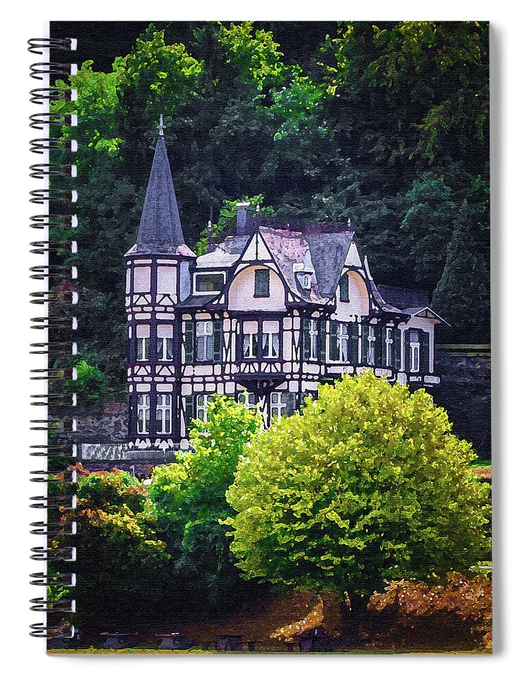 Rhine River Gorge Spiral Notebook featuring the digital art Rhine Gorge Manor House, Dry Brush on Canvas by Ron Long Ltd Photography